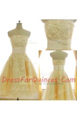Dynamic Yellow A-line Appliques and Hand Made Flower Prom Dresses Zipper Satin and Chiffon Sleeveless Knee Length