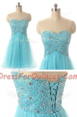 Affordable Aqua Blue A-line Beading Homecoming Dress Lace Up Tulle Sleeveless Knee Length
