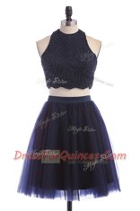 Pretty Halter Top Knee Length Navy Blue Homecoming Dress Tulle Sleeveless Appliques