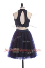 Pretty Halter Top Knee Length Navy Blue Homecoming Dress Tulle Sleeveless Appliques