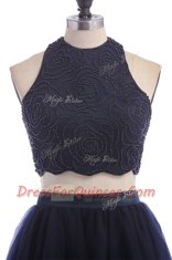 Pretty Halter Top Knee Length Navy Blue Homecoming Dress Tulle Sleeveless Appliques