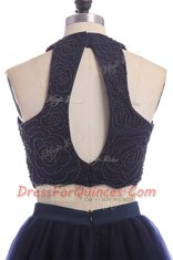 Pretty Halter Top Knee Length Navy Blue Homecoming Dress Tulle Sleeveless Appliques