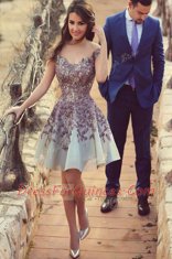 Shining Scoop Cap Sleeves Appliques Zipper Prom Party Dress