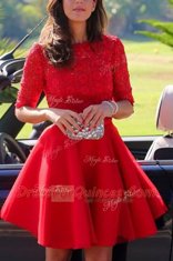 Halter Top Knee Length Backless Red for Prom and Party with Lace