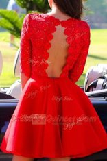 Halter Top Knee Length Backless Red for Prom and Party with Lace