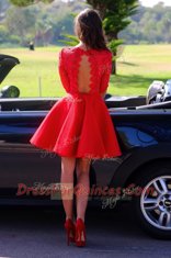 Halter Top Knee Length Backless Red for Prom and Party with Lace