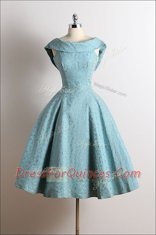 Blue A-line Scoop Sleeveless Lace Knee Length Zipper Ruching Prom Dress