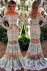 Custom Design Mermaid Lace Floor Length White Prom Gown Off The Shoulder Long Sleeves Zipper