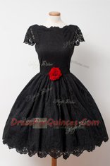 Trendy Black Ball Gowns Bateau Cap Sleeves Lace Knee Length Backless Hand Made Flower