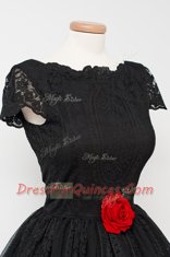 Trendy Black Ball Gowns Bateau Cap Sleeves Lace Knee Length Backless Hand Made Flower