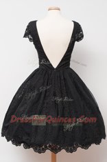 Trendy Black Ball Gowns Bateau Cap Sleeves Lace Knee Length Backless Hand Made Flower