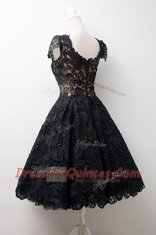 Scoop Black A-line Lace Prom Dress Zipper Lace Cap Sleeves Tea Length