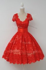 Red A-line Lace Scalloped Cap Sleeves Sashes ribbons Knee Length Zipper Homecoming Dress