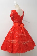 Red A-line Lace Scalloped Cap Sleeves Sashes ribbons Knee Length Zipper Homecoming Dress