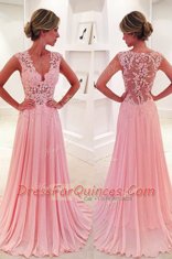 Beautiful V-neck Sleeveless Prom Evening Gown Sweep Train Lace Pink Chiffon