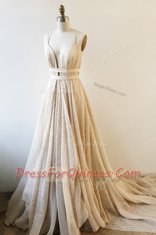 Fantastic Champagne Sleeveless Court Train Lace and Sashes ribbons With Train Dress for Prom