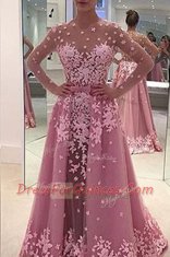 Lilac Tulle Zipper Prom Dresses Long Sleeves With Train Sweep Train Appliques