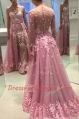 Lilac Tulle Zipper Prom Dresses Long Sleeves With Train Sweep Train Appliques