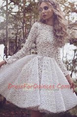 White Long Sleeves Mini Length Lace Lace Up Prom Gown