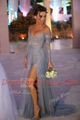 Off the Shoulder Long Sleeves Sweep Train Beading and Ruching Zipper Prom Dresses