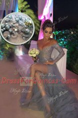 Off the Shoulder Long Sleeves Sweep Train Beading and Ruching Zipper Prom Dresses