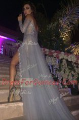 Off the Shoulder Long Sleeves Sweep Train Beading and Ruching Zipper Prom Dresses