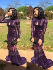 Eggplant Purple Mermaid Sequined High-neck Long Sleeves Sequins Zipper Prom Dresses Sweep Train