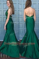 Designer Mermaid Halter Top Sleeveless Prom Party Dress With Train Sweep Train Beading and Lace Green Satin