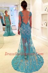 Unique Mermaid V-neck Long Sleeves Evening Dress With Brush Train Lace Blue Lace