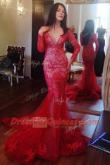Mermaid Long Sleeves Sweep Train Beading and Lace Zipper Prom Gown