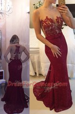 Sweet Mermaid Scoop Sleeveless Sweep Train Zipper Dress for Prom Burgundy Lace