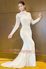 Mermaid White Homecoming Dress High-neck Long Sleeves Sweep Train Backless