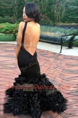 Super Mermaid Scoop Black Sleeveless Floor Length Lace Backless Prom Gown