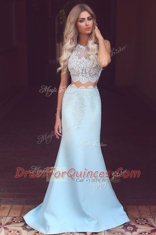 Light Blue Mermaid Satin Scoop Sleeveless Lace Zipper Prom Dress Sweep Train