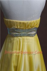 Lovely Sleeveless Organza Mini Length Backless Prom Dress in Light Yellow with Beading