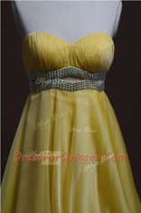 Lovely Sleeveless Organza Mini Length Backless Prom Dress in Light Yellow with Beading