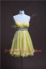Lovely Sleeveless Organza Mini Length Backless Prom Dress in Light Yellow with Beading