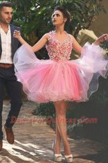 Eye-catching A-line Homecoming Dress Peach Halter Top Organza Sleeveless Mini Length Zipper