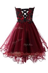 High Class Mini Length A-line Sleeveless Burgundy Prom Evening Gown Lace Up