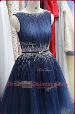 Noble Scoop Navy Blue Tulle Zipper Prom Gown Sleeveless Knee Length Beading