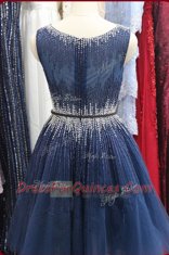 Noble Scoop Navy Blue Tulle Zipper Prom Gown Sleeveless Knee Length Beading