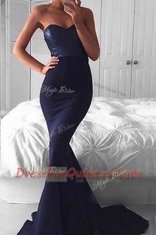 Sweet Mermaid With Train Zipper Prom Party Dress Navy Blue for Prom and Party with Sequins Sweep Train