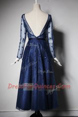 Scoop Tea Length A-line Long Sleeves Navy Blue Homecoming Dress Zipper