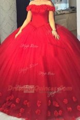 Latest Off the Shoulder Short Sleeves Lace Up Hand Made Flower Prom Dresses