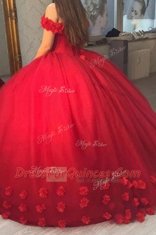 Latest Off the Shoulder Short Sleeves Lace Up Hand Made Flower Prom Dresses