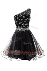 One Shoulder Black Sleeveless Organza Side Zipper Prom Party Dress for Prom and Party