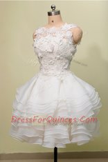 Scoop White A-line Lace Prom Evening Gown Zipper Organza and Lace Sleeveless Knee Length
