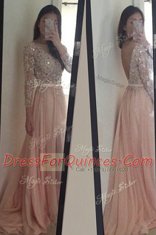 Peach Chiffon Backless Scoop 3 4 Length Sleeve With Train Prom Dress Brush Train Beading and Ruching