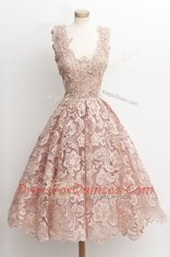 Scoop Peach A-line Lace Prom Gown Zipper Lace Sleeveless Knee Length