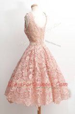 Scoop Peach A-line Lace Prom Gown Zipper Lace Sleeveless Knee Length